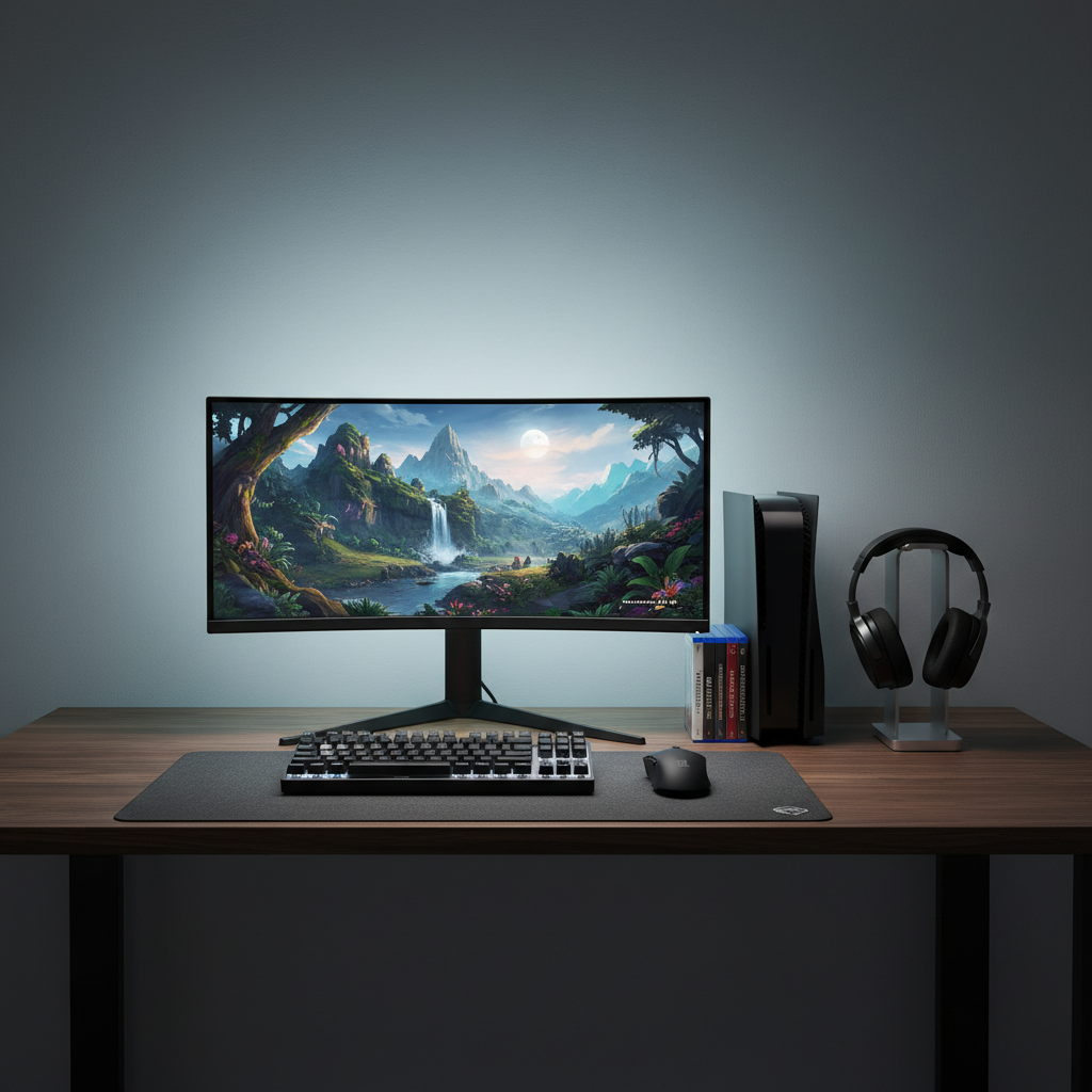 An organized, modern gaming setup on a dark walnut desk featuring a large ultra-wide monitor displaying a vibrant, paused open-world game landscape. In front, a compact mechanical keyboard with subtle white backlighting and a wireless mouse sit on a charcoal desk mat. To the right, a small stack of video game cases leans against a matte black console, and a pair of closed over-ear headphones rests on a sleek metal stand. Soft, cool-toned LED bias lighting glows behind the monitor, while dim ambient room light creates a focused, tech-oriented atmosphere. Shot straight-on at eye level in crisp photographic realism, the composition centers the monitor, with clean lines and balanced symmetry conveying a professional yet enthusiastic gaming hobbyist’s space.