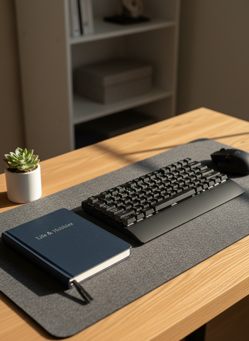 A neatly arranged wooden desk surface featuring a closed, midnight-blue hardcover notebook embossed with the subtle silver title “Life & Hobbies”. Beside it, a sleek black mechanical keyboard and a minimalist wireless mouse rest on a soft gray felt desk mat. A small succulent in a white matte ceramic pot adds fresh green tones near the notebook. Soft morning daylight pours in from an unseen window to the left, casting gentle, elongated shadows and creating a calm, professional atmosphere. Captured at an eye-level, three-quarter angle in sharp photographic realism, with a slightly blurred background of neutral-toned shelves, the composition follows the rule of thirds and evokes focus, balance, and thoughtful writing for a personal yet polished blog.
