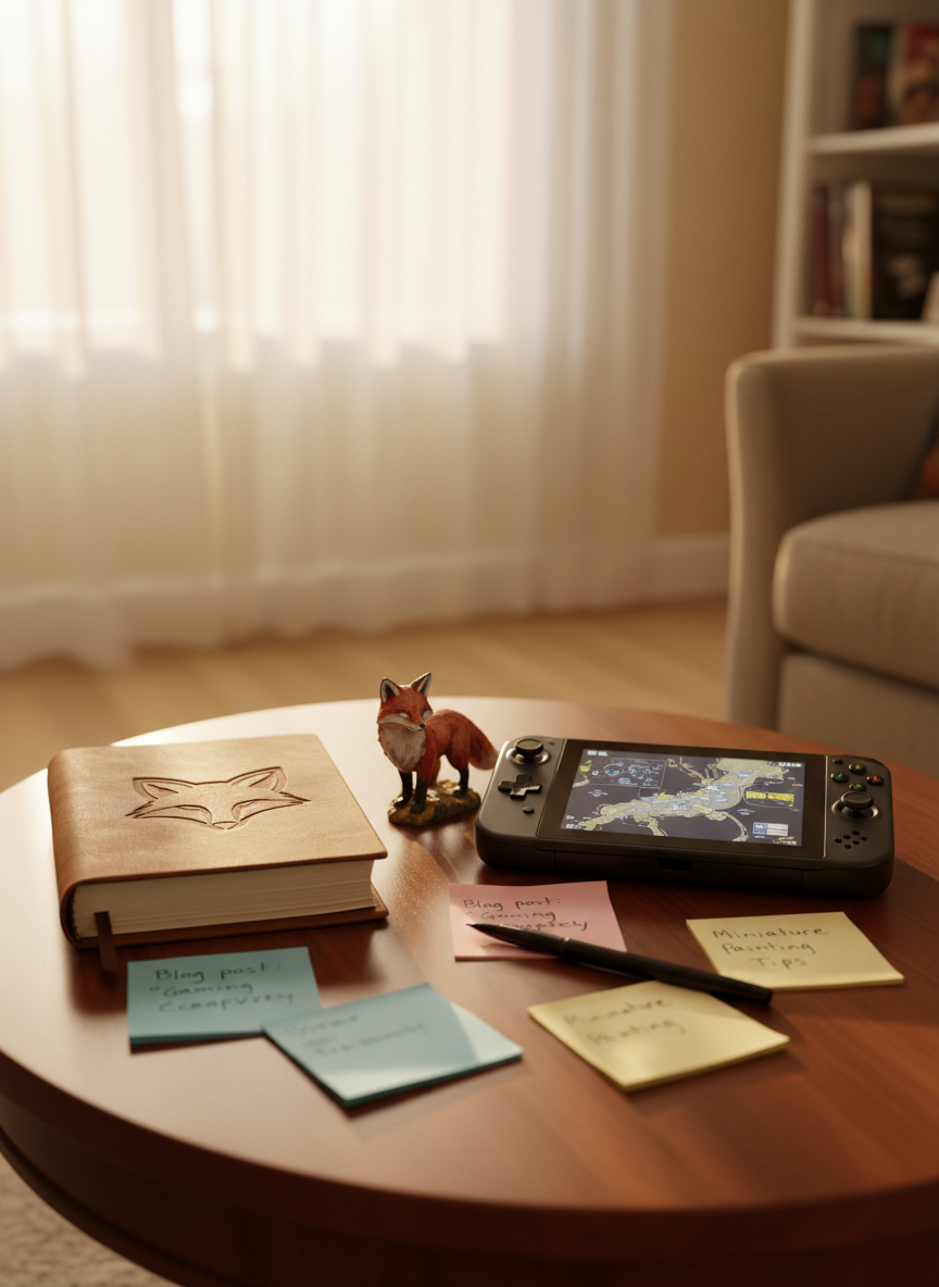 A polished wooden coffee table holds a neatly stacked trio of hobby-related objects: a well-worn leather-bound journal, a glossy handheld gaming console with its screen softly glowing, and a detailed miniature animal figurine of a fox painted in warm, natural tones. Around them, a few scattered pastel sticky notes and a fine-tip black pen hint at planning future blog posts. Golden hour sunlight streams through sheer curtains in the background, giving the scene a warm, inviting glow. The camera captures the scene from a slightly elevated angle with shallow depth of field, keeping the objects in sharp focus while the living room setting behind them fades into a soft bokeh. The photographic style is clean, modern, and reflective of a thoughtful, multifaceted lifestyle.