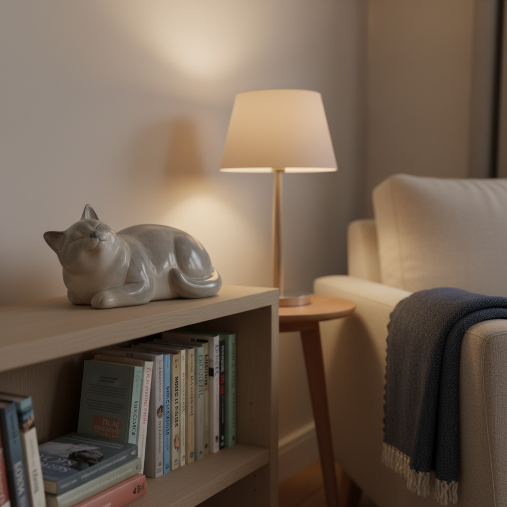 A cozy reading nook corner featuring a low, light-ash wood bookshelf filled with neatly arranged books about animals, nature, and current events. On top of the shelf sits a realistic ceramic sculpture of a lounging cat in muted gray tones, its smooth texture catching the light. A soft, heathered navy throw blanket is folded on a nearby armchair, and a small, shaded table lamp casts a warm, diffused glow over the scene. The background wall is a calm, neutral beige, slightly out of focus. Captured from a slightly elevated side angle with moderate depth of field, this photographic image feels serene and contemplative, suggesting quiet evenings spent reading and reflecting for thoughtful blog content.